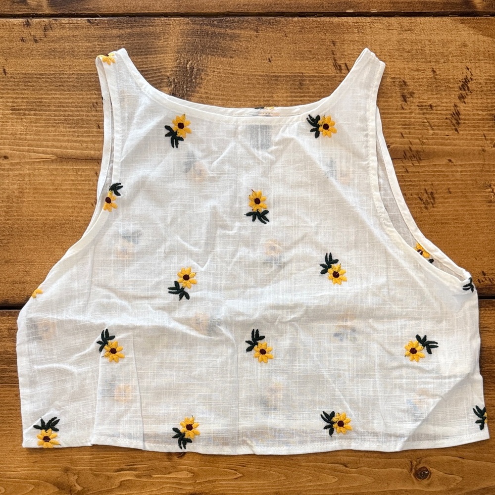 SHEIN White Crop Top with Yellow Floral Embroidery